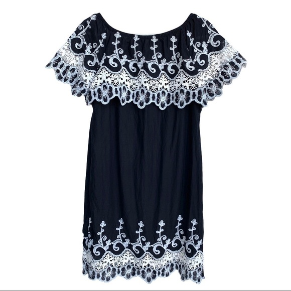 Fever Black Embroidered Ruffle off the Shoulder Dress Size Small Boho - Picture 15 of 15